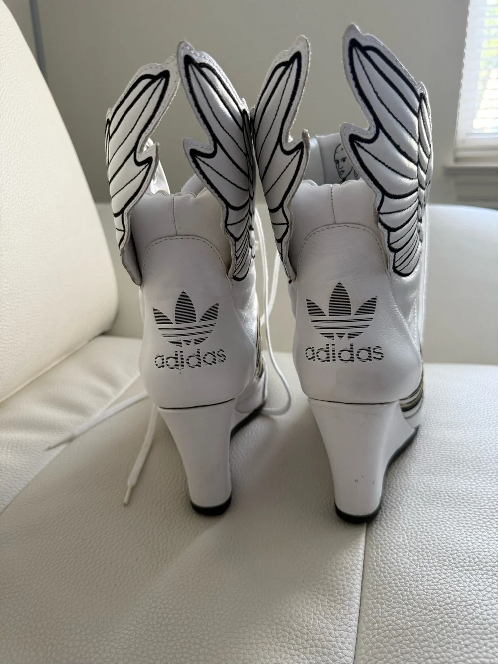 Jeremy Scott White Wedge Sneakers with Black and Gold Stripes and Wing Detail 10